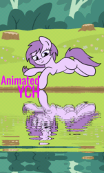 Size: 600x994 | Tagged: safe, artist:lannielona, pony, advertisement, animated, commission, female, flower, gif, grass, lying down, mare, prone, reflection, solo, tree, tree stump, water, your character here