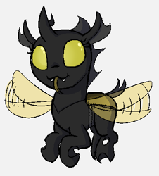 Size: 395x437 | Tagged: safe, artist:heretichesh, oc, oc:vespa, changeling, nymph, buzzing wings, female, filly, tongue out, wings, yellow changeling