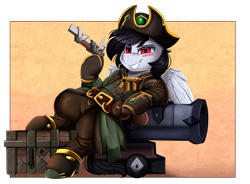 Size: 3430x2524 | Tagged: safe, artist:pridark, oc, oc only, oc:commissar junior, pegasus, pony, cannon, clothes, crossover, gun, hat, high res, pirate, pirate hat, red eyes, sea of thieves, solo, treasure chest, video game crossover, weapon