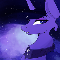 Size: 1500x1500 | Tagged: safe, artist:therealf1rebird, princess luna, alicorn, pony, g4, ethereal mane, female, galaxy mane, horn, jewelry, looking back, mare, necklace, smiling, solo
