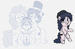 Size: 1157x757 | Tagged: safe, artist:heretichesh, pinkie pie, oc, oc:hattsy, oc:lil beret, earth pony, pony, g4, beret, bipedal, blushing, canon x oc, family, female, filly, hat, holding a pony, holding hooves, hug, lesbian, magical lesbian spawn, mare, offspring, parent:oc:hattsy, parent:pinkie pie, parents:canon x oc, raised leg, rearing, top hat