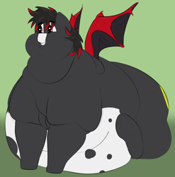 Size: 1780x1800 | Tagged: safe, artist:lupin quill, oc, oc only, oc:moonwing, bat pony, pony, bat pony oc, bat wings, belly, bhm, big belly, bingo wings, chubby cheeks, coat markings, double chin, fat, fat fetish, fetish, flabby chest, frog (hoof), large butt, male, morbidly obese, multichin, neck roll, obese, red and black oc, rolls of fat, sitting, solo, spread wings, underhoof, wings