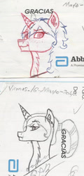 Size: 535x1111 | Tagged: safe, artist:twin-fan, oc, oc only, pony, unicorn, bust, duo, ear piercing, horn, lineart, piercing, traditional art, unicorn oc