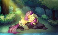 Size: 5045x3000 | Tagged: safe, artist:shavurrr, fluttershy, pegasus, pony, crepuscular rays, cute, dappled sunlight, eyes closed, female, floppy ears, folded wings, forest, high res, lying down, mare, outdoors, peaceful, prone, river, shyabetes, sleeping, solo, stream, water, wings