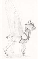 Size: 1906x2937 | Tagged: safe, artist:lady-limule, oc, oc only, pegasus, pony, armor, goggles, helmet, pegasus oc, solo, traditional art, wings