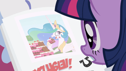 Size: 1920x1080 | Tagged: safe, screencap, princess celestia, twilight sparkle, alicorn, pony, g4, ponyville confidential, season 2, cake, cakelestia, food, it begins, meme origin, newspaper