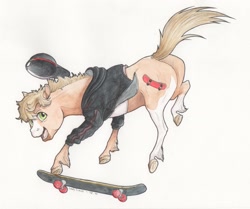 Size: 2523x2113 | Tagged: safe, artist:lady-limule, oc, oc only, oc:skeeter, earth pony, pony, backwards ballcap, baseball cap, cap, clothes, earth pony oc, female, hat, high res, mare, skateboard, solo, traditional art