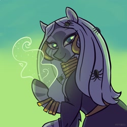 Size: 2048x2048 | Tagged: safe, artist:pfeffaroo, zecora, pony, spider, zebra, g4, luna eclipsed, clothes, costume, ear piercing, earring, female, halloween, high res, holiday, hoof hold, hoof ring, jewelry, long mane, looking at you, magic, mare, neck rings, nightmare night, nightmare night costume, piercing, raised hoof, smiling, solo, three quarter view, witch, zebra magic