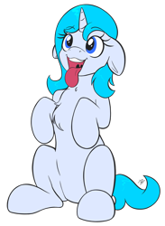 Size: 2176x2976 | Tagged: safe, artist:eisky, oc, oc only, oc:crescendo, pony, unicorn, behaving like a dog, chest fluff, cute, female, floppy ears, high res, hooves to the chest, mare, panting, simple background, sitting, smiling, solo, tongue out, transparent background
