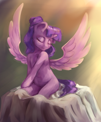 Size: 1138x1378 | Tagged: safe, artist:mrstrats, twilight sparkle, alicorn, pony, g4, bun, eyes closed, missing cutie mark, solo, twilight sparkle (alicorn)