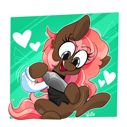 Size: 2048x2048 | Tagged: safe, artist:wutanimations, oc, oc only, oc:scarlet trace (coffee bean), pony, abstract background, bartender, commission, eye clipping through hair, female, high res, mare, open mouth, sitting, smiling