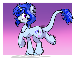 Size: 1300x1000 | Tagged: safe, artist:vale-bandicoot96, oc, oc only, oc:silent wolf, pony, unicorn, colored hooves, ear fluff, gradient background, hoof fluff, horn, leonine tail, raised hoof, smiling, solo, unicorn oc