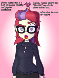 Size: 3000x4000 | Tagged: safe, artist:thealjavis, moondancer, comic:no nut moondancer, equestria girls, g4, clothes, cute, dancerbetes, dialogue, equestria girls-ified, female, glasses, hair bun, no nut november, raised eyebrow, redhead, simple background, solo, sweater, text