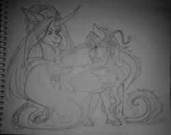 Size: 1440x1135 | Tagged: safe, artist:silentwolf-oficial, oc, oc only, pegasus, pony, unicorn, :p, duo, flower, flower in hair, horn, lineart, looking at each other, pegasus oc, rose, tongue out, traditional art, unicorn oc, wings