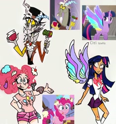 Size: 2309x2468 | Tagged: safe, artist:citi, edit, edited screencap, screencap, discord, pinkie pie, twilight sparkle, alicorn, draconequus, earth pony, human, pony, g4, rainbow roadtrip, the beginning of the end, the ending of the end, clothes, colored wings, cutie mark, cutie mark on clothes, eating, food, high res, humanized, jam, male, messy, multicolored wings, pickle, rainbow wings, scene interpretation, screencap reference, twilight sparkle (alicorn), wing bling, wings