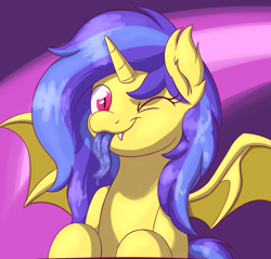 Size: 3022x2892 | Tagged: safe, artist:eisky, artist:hartenas, oc, oc only, oc:aunora, alicorn, bat pony, bat pony alicorn, pony, :p, ;p, bat pony oc, bat wings, high res, horn, looking at you, one eye closed, solo, tongue out, wings, wink, winking at you