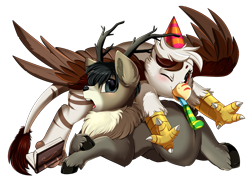 Size: 1280x931 | Tagged: safe, artist:pridark, oc, oc:vermilion brightwing, deer, griffon, book, hat, party hat, party horn, simple background, transparent background