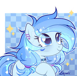 Size: 1024x1001 | Tagged: safe, artist:mint-light, oc, oc only, earth pony, pony, bust, choker, ear piercing, earring, earth pony oc, eyelashes, jewelry, looking up, piercing, raised hoof, signature, simple background, smiling, solo, transparent background