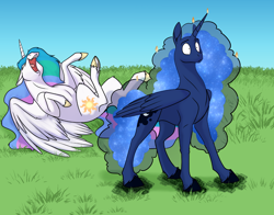 Size: 1200x943 | Tagged: safe, artist:foxenawolf, princess celestia, princess luna, alicorn, pony, fanfic:off the mark, g4, commission, ethereal mane, frizzy hair, horses doing horse things, laughing, lmao, lying down, majestic as fuck, on back, rofl, scorched, shocked, shocked expression