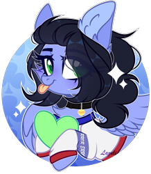 Size: 1698x1944 | Tagged: safe, artist:mint-light, oc, oc only, oc:skiu, pegasus, pony, :p, bust, chest fluff, clothes, collar, commission, ear fluff, eye clipping through hair, heart, heart pillow, pegasus oc, pillow, signature, simple background, solo, tongue out, transparent background, wings, ych result