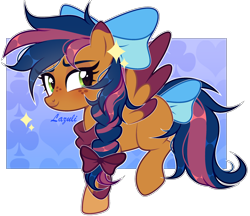 Size: 2568x2216 | Tagged: safe, artist:mint-light, oc, oc only, oc:solar comet, pegasus, pony, bow, braid, commission, disguise, disguised changedling, eyelashes, feathered wings, freckles, hair bow, high res, male, pegasus oc, signature, simple background, solo, tail bow, transparent background, two toned wings, wings, ych result