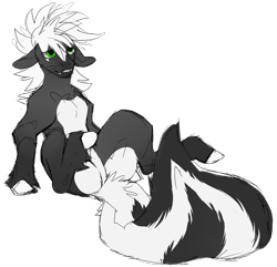 Size: 1834x1765 | Tagged: safe, artist:darkimae, oc, oc only, oc:reeko, pony, skunk, skunk pony, butt, fangs, feathered fetlocks, long tail, messy hair, simple background, skunk tail, solo, tail, transparent background, underbelly, whiskers