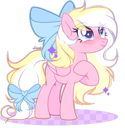 Size: 2529x2588 | Tagged: safe, artist:mint-light, oc, oc only, oc:bay breeze, pegasus, pony, blushing, bow, commission, eye clipping through hair, eyelashes, female, folded wings, hair bow, hoof on chest, looking up, mare, pegasus oc, raised hoof, signature, simple background, smiling, solo, standing, tail bow, three quarter view, transparent background, wings, ych result