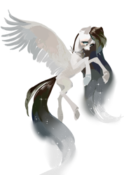 Size: 2894x4093 | Tagged: safe, artist:yanisfucker, oc, oc only, pony, ethereal mane, flying, large wings, limited palette, long hair, missing wing, neckerchief, simple background, solo, starry mane, trichrome, wings