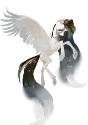 Size: 2894x4093 | Tagged: safe, artist:yanisfucker, oc, oc only, pegasus, pony, ethereal mane, flying, large wings, limited palette, long hair, missing wing, neckerchief, simple background, solo, starry mane, trichrome, wings