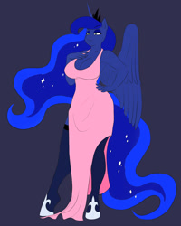 Size: 2400x3000 | Tagged: safe, artist:marauder6272, color edit, edit, princess luna, alicorn, anthro, unguligrade anthro, fanfic:setting her cap, g4, breasts, busty princess luna, clothes, colored, dress, ethereal mane, ethereal tail, fanfic, fanfic art, fanfic cover, high res, jewelry, regalia, smiling, solo, stockings, story in the source, thigh highs, tiara