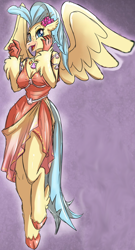 Size: 746x1383 | Tagged: safe, artist:tatara94, edit, princess skystar, hippogriff, anthro, fanfic:sapphire studded sky, g4, my little pony: the movie, beak, breasts, busty princess skystar, clothes, cropped, dress, fanfic, fanfic art, fanfic cover, looking at you, open beak, open mouth, seashell, seashell necklace, smiling, solo, spread wings, story in the source, tongue out, wings