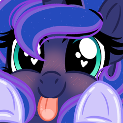 Size: 2000x2000 | Tagged: safe, artist:emberslament, princess luna, alicorn, pony, :p, blushing, close-up, commission, cute, female, heart eyes, high res, icon, licking the fourth wall, looking at you, lunabetes, mare, simple background, solo, tongue out, wingding eyes, ych result