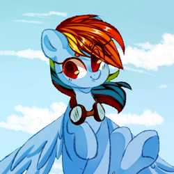 Size: 1000x1000 | Tagged: safe, artist:thieftea, rainbow dash, pegasus, pony, g4, cloud, eye clipping through hair, female, flying, goggles, mare, sky, smiling, solo, spread wings, underhoof, wings