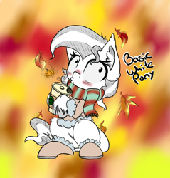 Size: 706x739 | Tagged: safe, artist:alazak, oc, oc only, oc:pearl, earth pony, pony, clothes, coffee, leaves, scarf, solo