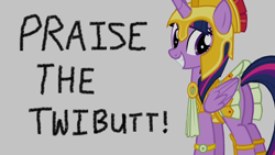 Size: 1906x1078 | Tagged: safe, derpibooru exclusive, edit, edited screencap, editor:twilyisbestpone, screencap, twilight sparkle, alicorn, pony, g4, adorasexy, armor, athena sparkle, butt, caption, clothes, costume, cute, female, gray background, helmet, looking back, mare, nightmare night, nightmare night costume, plot, sexy, simple background, skirt, smiling, solo, twiabetes, twibutt, twilight sparkle (alicorn)