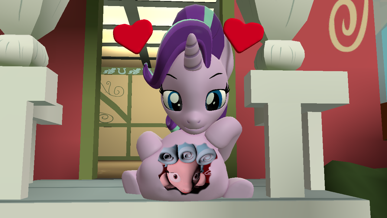 2482181 - safe, artist:lilfluttertrap, cozy glow, starlight glimmer,  pegasus, pony, unicorn, g4, 3d, belly, big belly, cozy prey, cringing,  female, filly, filly prey, internal, mare, mare pred, mare predator, same  size vore,