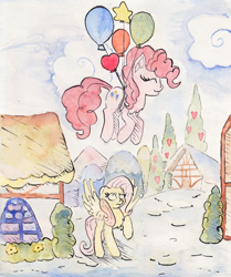 Size: 2000x2394 | Tagged: safe, artist:nedemai, fluttershy, pinkie pie, earth pony, pegasus, pony, g4, balloon, chest fluff, duo, floating, high res, looking up, ponyville, raised hoof, surprised, then watch her balloons lift her up to the sky, traditional art, watercolor painting