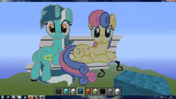 Size: 1920x1080 | Tagged: safe, artist:confusedmissflower, bon bon, lyra heartstrings, sweetie drops, earth pony, pony, unicorn, g4, bench, day, duo, duo female, female, game screencap, looking at you, minecraft, minecraft pixel art, pixel art, sitting