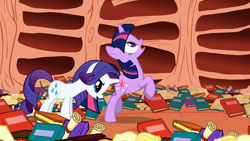 Size: 1920x1080 | Tagged: safe, screencap, rarity, twilight sparkle, pony, unicorn, g4, sonic rainboom (episode), bipedal, book, bookshelf, butt poking, context is for the weak, duo, female, golden oaks library, horn, horn poke, library, literal butthurt, mare, open mouth, out of context, pain, poking, unicorn twilight