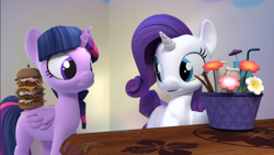 Size: 1366x768 | Tagged: safe, screencap, rarity, twilight sparkle, alicorn, pony, unicorn, g4, hello pinkie pie, burger, flower, food, hay burger, twilight sparkle (alicorn)