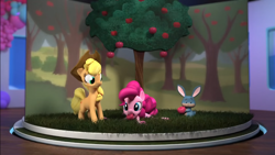 Size: 1366x768 | Tagged: safe, screencap, applejack, pinkie pie, earth pony, pony, rabbit, g4, hello pinkie pie, animal, apple, apple tree, food, tree