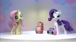 Size: 1366x768 | Tagged: safe, screencap, fluttershy, rarity, hedgehog, pegasus, pony, unicorn, g4, hello pinkie pie