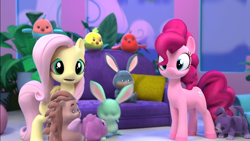 Size: 1366x768 | Tagged: safe, screencap, fluttershy, pinkie pie, bird, dog, earth pony, hedgehog, parrot, pegasus, pony, rabbit, g4, hello pinkie pie, andrea libman, animal, open mouth, puppy