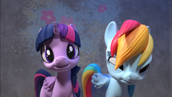 Size: 1366x768 | Tagged: safe, screencap, rainbow dash, twilight sparkle, alicorn, pegasus, pony, g4, hello pinkie pie, twilight sparkle (alicorn)