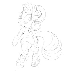 Size: 1200x1200 | Tagged: safe, artist:k-nattoh, starlight glimmer, pony, unicorn, g4, bipedal, blushing, butt, clothes, glimmer glutes, looking back, monochrome, plot, shoes, sketch, socks, solo