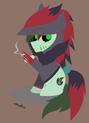 Size: 2248x3115 | Tagged: safe, artist:samsailz, oc, oc only, oc:cy, original species, pony, zoroark, cigarette, clothes, costume, high res, hoodie, lineless, onesie, pokémon, smoking, solo, wight