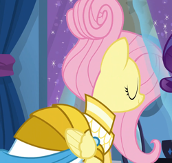 Size: 1784x1687 | Tagged: safe, screencap, fluttershy, rarity, pony, fake it 'til you make it, g4, clothes, cropped, dress, eyes closed, female, mare, rarity for you, solo focus, warrior of inner strength, warriorshy