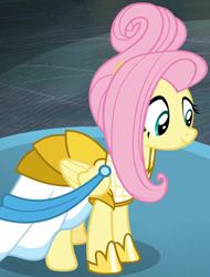 Size: 1240x1629 | Tagged: safe, screencap, fluttershy, pony, fake it 'til you make it, clothes, cropped, dress, female, looking down, mare, rarity for you, solo, warrior of inner strength, warriorshy