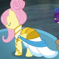 Size: 1630x1611 | Tagged: safe, screencap, bracer britches, fluttershy, rarity, pony, fake it 'til you make it, g4, clothes, cropped, dress, eyes closed, female, mare, rarity for you, solo focus, warrior of inner strength, warriorshy