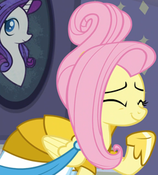 Size: 1526x1687 | Tagged: safe, screencap, fluttershy, pony, fake it 'til you make it, g4, clothes, cropped, dress, female, giggling, mare, rarity for you, solo, warrior of inner strength, warriorshy
